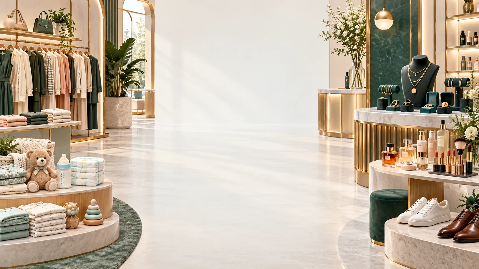 A modern retail space featuring fashion, baby products, beauty, jewellery, and footwear